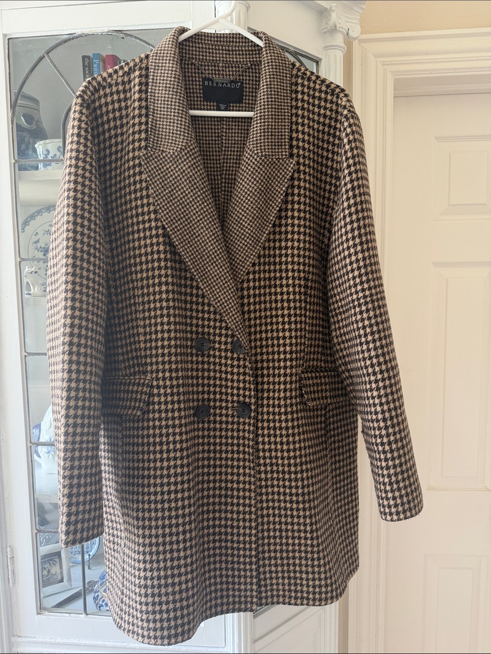 Bernardo Double-Breasted Houndstooth Blazer Jacket in Brown and Black Sz XXL